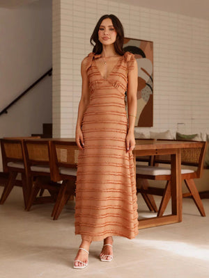 Vestito Lungo Testurizzato con Spalline a Fiocco
