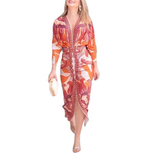 Vestito Midi Drappeggiato a Manica Lunga con Apertura e Stampa