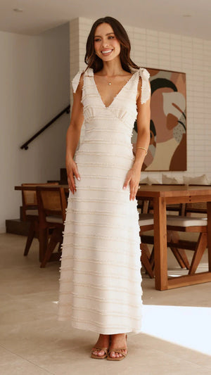 Vestito Lungo Testurizzato con Spalline a Fiocco