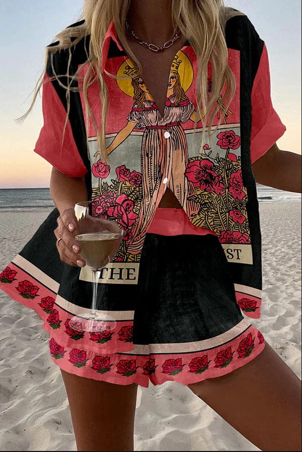 coordinato-donna-estivo-camicia-shorts-stampa-tarocchi-rose-nero-corallo-fronte.