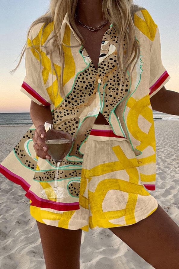 Completo Donna Estivo Camicia e Shorts Stampa Ghepardo e Geometrica Gialla | Cala Luna
