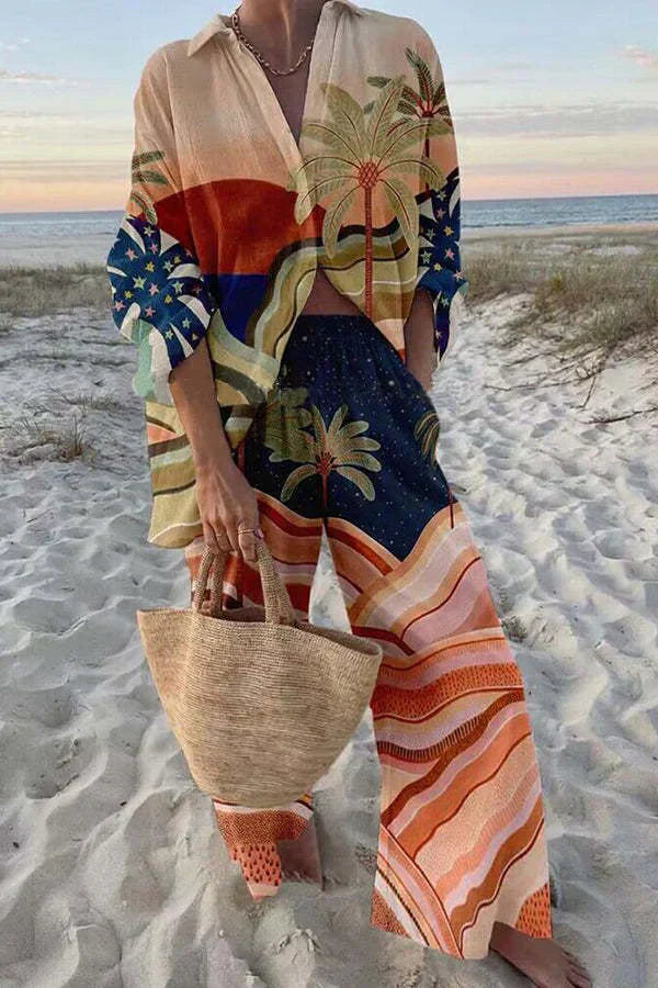 Completo Donna Estivo Camicia e Pantaloni Palazzo Stampa Paesaggio Tropicale | Agrigento