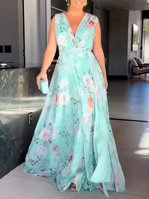 Vestito Lungo Elegante Floreale in Chiffon