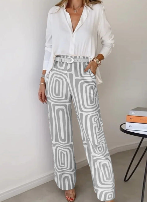 Pantaloni Larghi a Vita Alta con Stampa Geometrica Eleganti