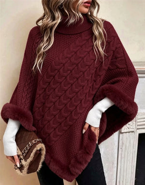 Poncho Donna in Maglia a Trecce con Collo Alto e Bordo Effetto Pelliccia – Eleganza Invernale – Isabella