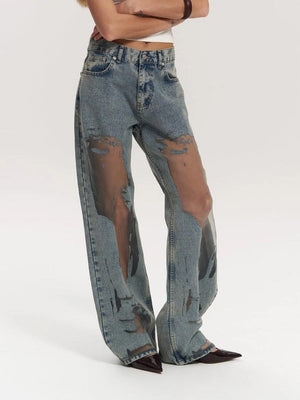 Rebel - Jeans Larghi con Dettagli Trasparenti e Effetto Usura