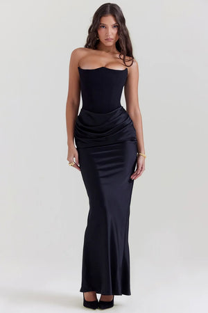 Rosalie - Vestito Lungo Satinato con Corsetto e Drappeggio