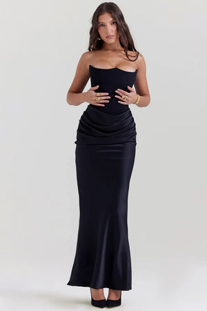 Rosalie - Vestito Lungo Satinato con Corsetto e Drappeggio