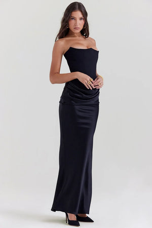Rosalie - Vestito Lungo Satinato con Corsetto e Drappeggio