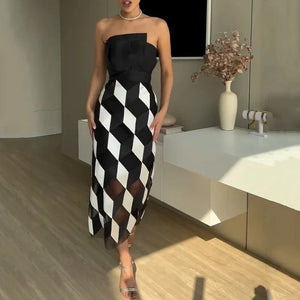 Vestito Midi Senza Spalline con Stampa Geometrica