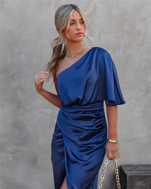 Vestito Midi Asimmetrico Satinato Elegante