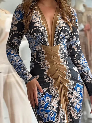 Vestito Midi con Stampa Floreale e Drappeggiato Frontale