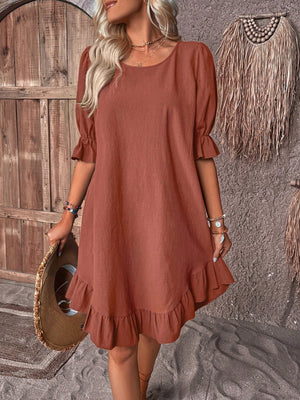 Vestito Corto con Maniche 3/4 a Volant