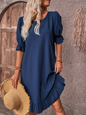 Vestito Corto con Maniche 3/4 a Volant