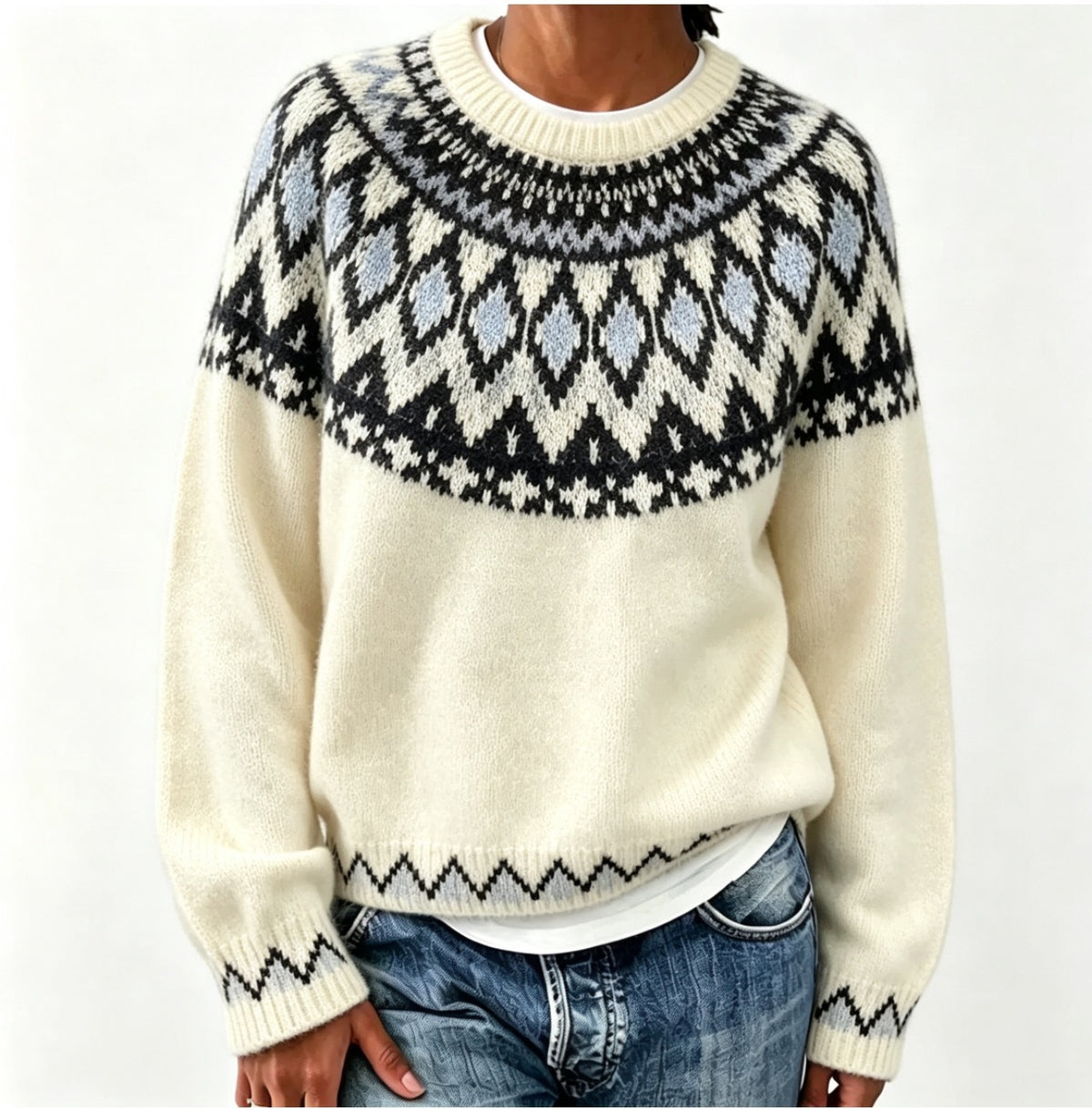 Maglione Donna Comfort Invernale – Motivo Jacquard Nordico e Girocollo – Frida