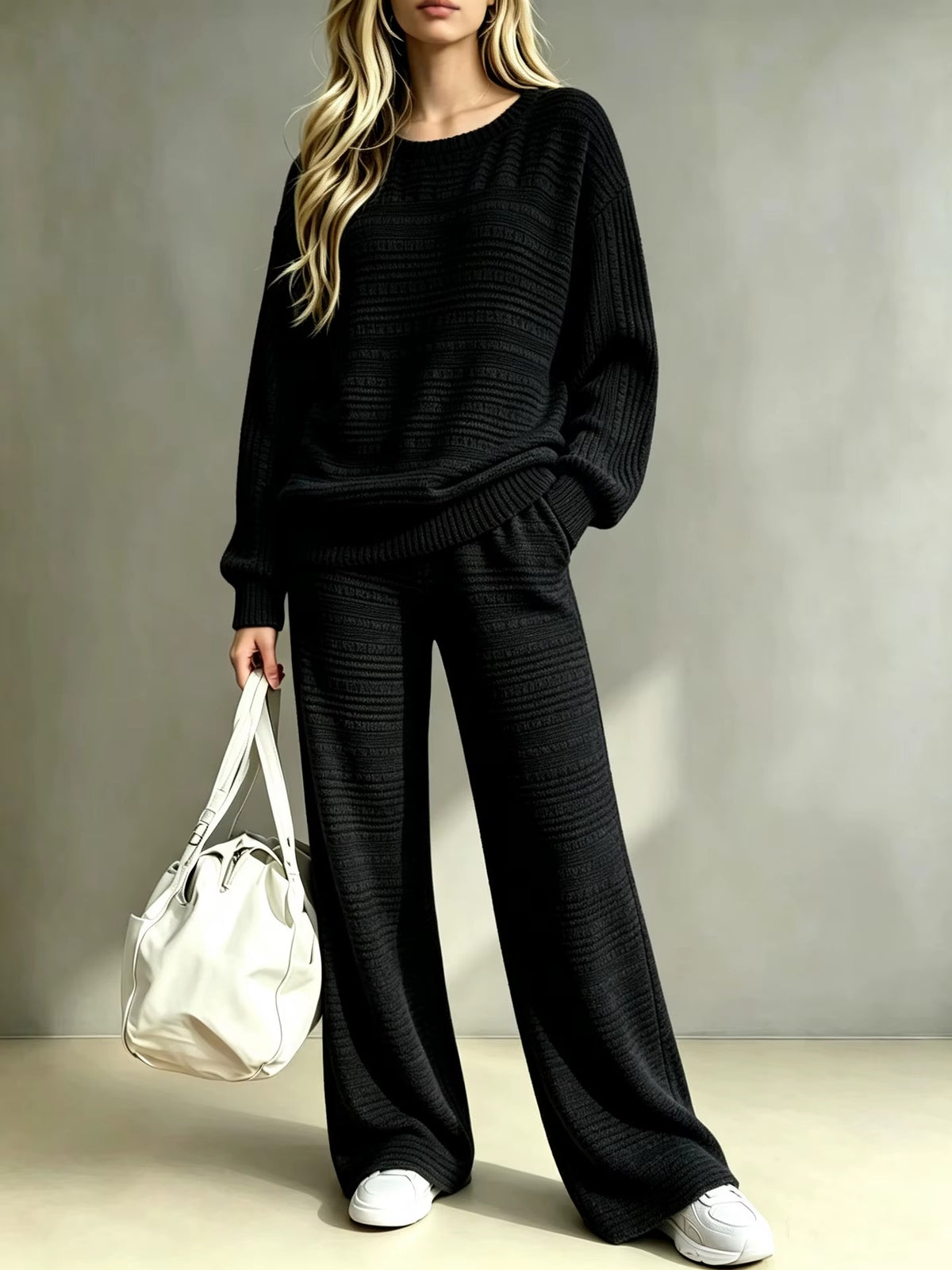 Completo Donna in Maglia Lavorata con Maglione Girocollo e Pantaloni a Gamba Larga – Comfort ed Eleganza – Camilla