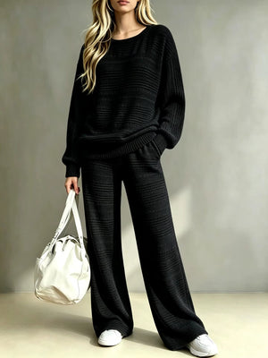Completo Donna in Maglia Lavorata con Maglione Girocollo e Pantaloni a Gamba Larga – Comfort ed Eleganza – Camilla