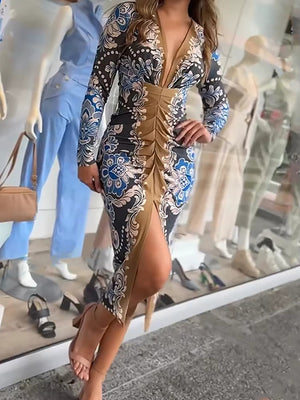 Vestito Midi con Stampa Floreale e Drappeggiato Frontale