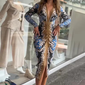 Vestito Midi con Stampa Floreale e Drappeggiato Frontale