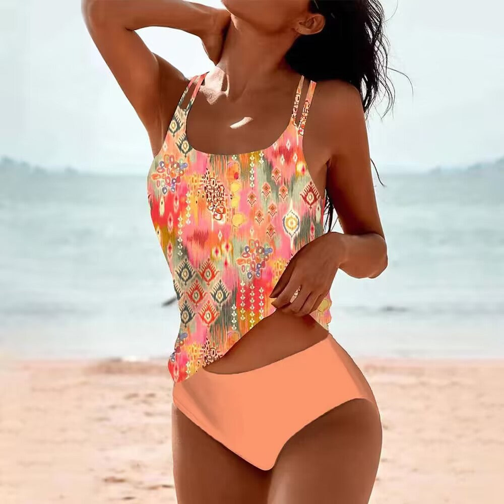 Tankini Donna Elegante Stampa Floreale Orientale - Costume con Top Fluido e Slip a Vita Alta