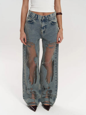 Rebel - Jeans Larghi con Dettagli Trasparenti e Effetto Usura