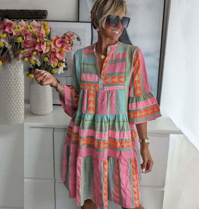Vestito Boho Donna Primavera Estate – Corto con Maniche 3/4 e Fantasia Colorata