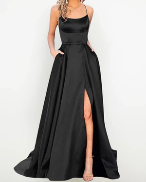 Vestito Elegante in Raso con Spacco – Abito da Cerimonia Lungo e Femminile