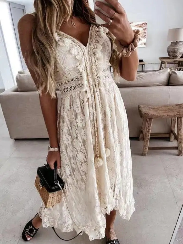 Vestito Estivo Donna Lungo in Pizzo Boho con Lacci