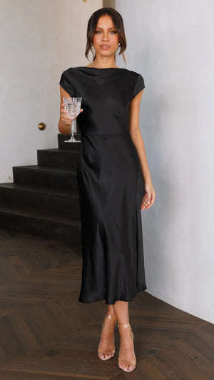 Vestito Giulia – Abito Elegante Satinato con Schiena Intrecciata e Spacco Laterale