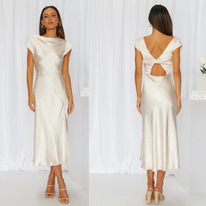 Vestito Giulia – Abito Elegante Satinato con Schiena Intrecciata e Spacco Laterale