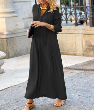 Vestito Lungo Donna Elegante – Abito Fluido a Maniche 3/4 in Tinta Unita