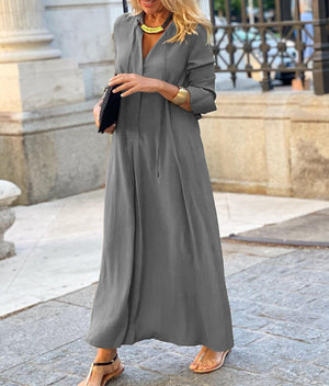 Vestito Lungo Donna Elegante – Abito Fluido a Maniche 3/4 in Tinta Unita