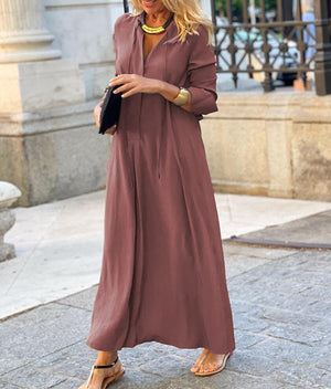 Vestito Lungo Donna Elegante – Abito Fluido a Maniche 3/4 in Tinta Unita