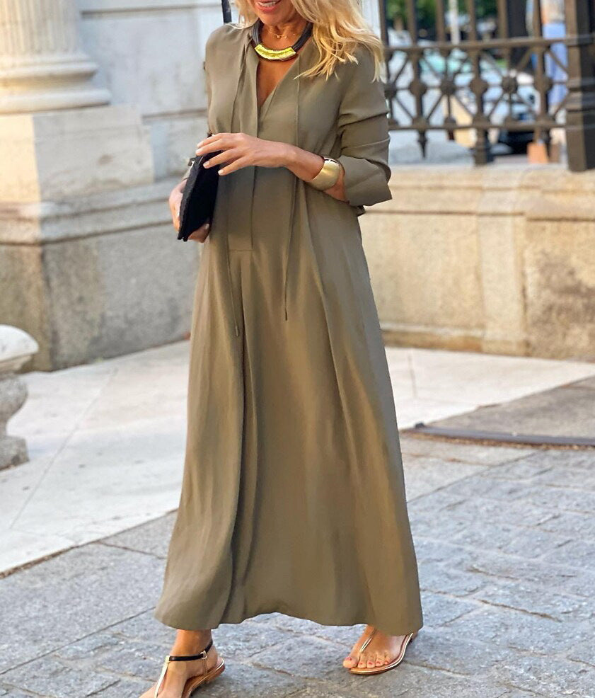 Vestito Lungo Donna Elegante – Abito Fluido a Maniche 3/4 in Tinta Unita