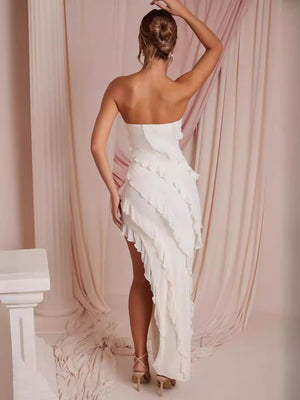 Vestito Lungo con Balze e Senza Spalline