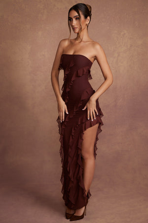 Vestito Lungo con Balze e Senza Spalline