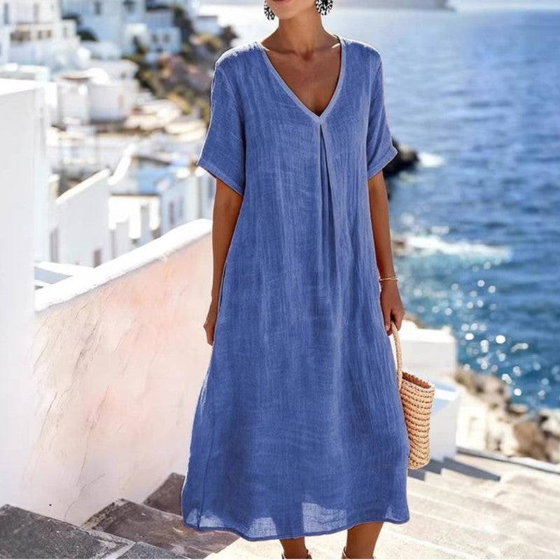 Vestito Lungo Estivo Donna Per Vacanze e Tempo Libero - Fresco e Fluido con Scollo a V - Martina
