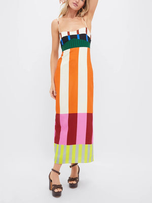Vestito Lungo con Blocchi di Colore e Spalline Sottili