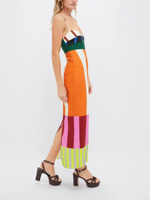 Vestito Lungo con Blocchi di Colore e Spalline Sottili