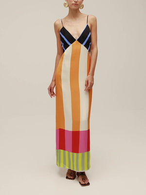 Vestito Lungo con Blocchi di Colore e Spalline Sottili
