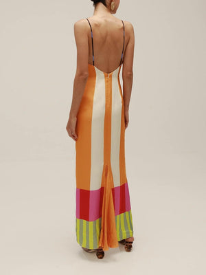 Vestito Lungo con Blocchi di Colore e Spalline Sottili