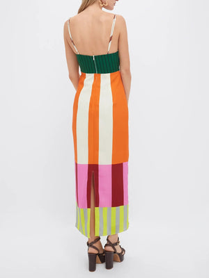 Vestito Lungo con Blocchi di Colore e Spalline Sottili