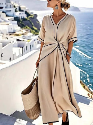 Vestito lungo estivo donna con nodo frontale e profili a contrasto | Taormina