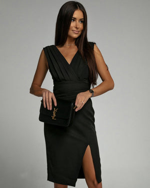 Vestito Midi Elegante Isa – Scollo a V Drappeggiato e Spacco Laterale