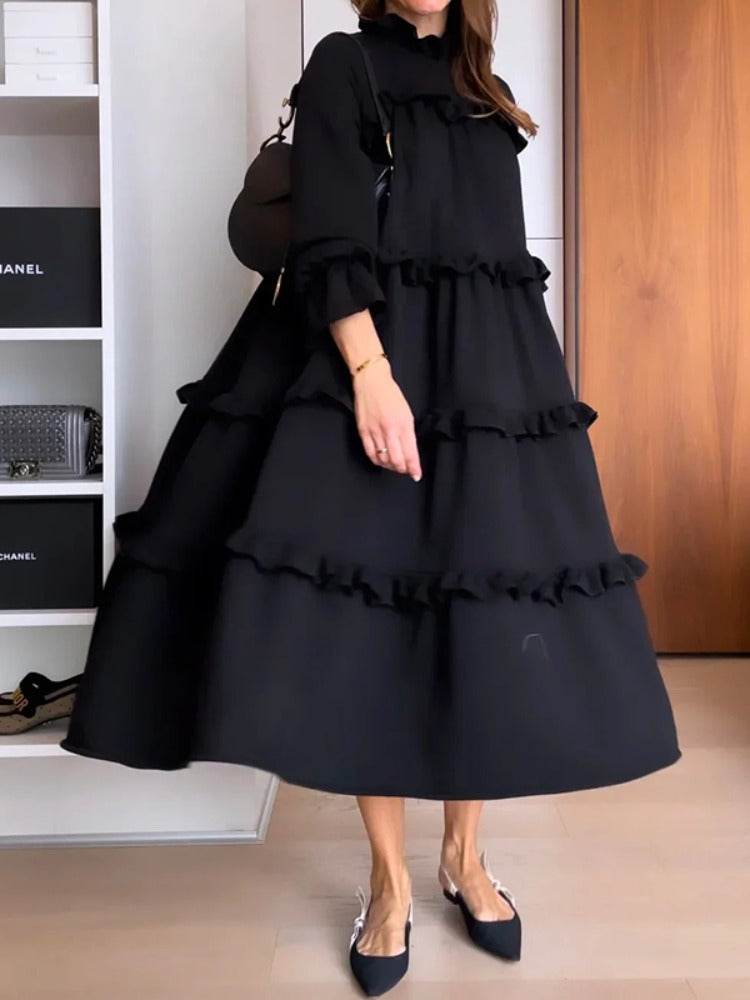 Vestito Midi Nero Donna - Linea Ampia a Balze e Comfort Elegante - Sofia