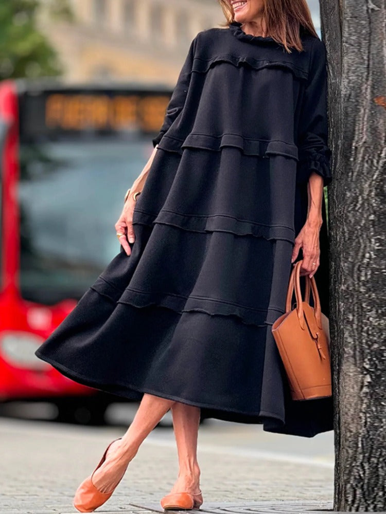 Vestito Midi Nero Donna - Linea Ampia a Balze e Comfort Elegante - Sofia