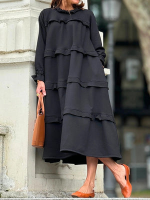 Vestito Midi Nero Donna - Linea Ampia a Balze e Comfort Elegante - Sofia