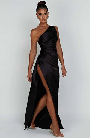 Vestito Lungo Elegante Satinato con Spacco