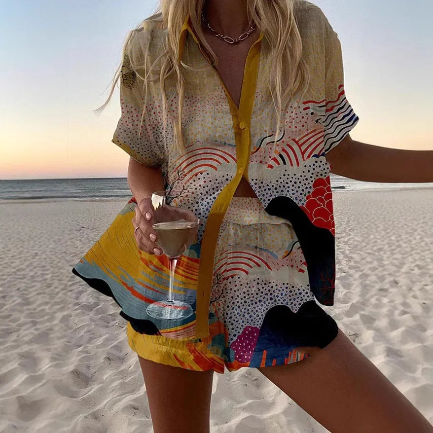 Completo donna estivo camicia e shorts stampa astratta onde e pois | Monreale