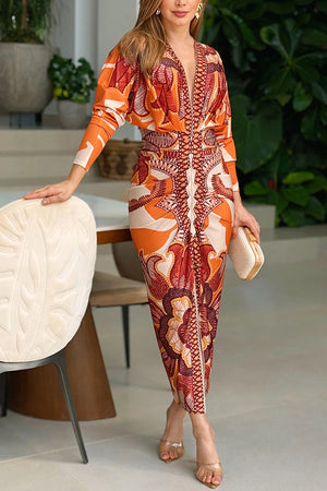 Vestito Midi Drappeggiato a Manica Lunga con Apertura e Stampa